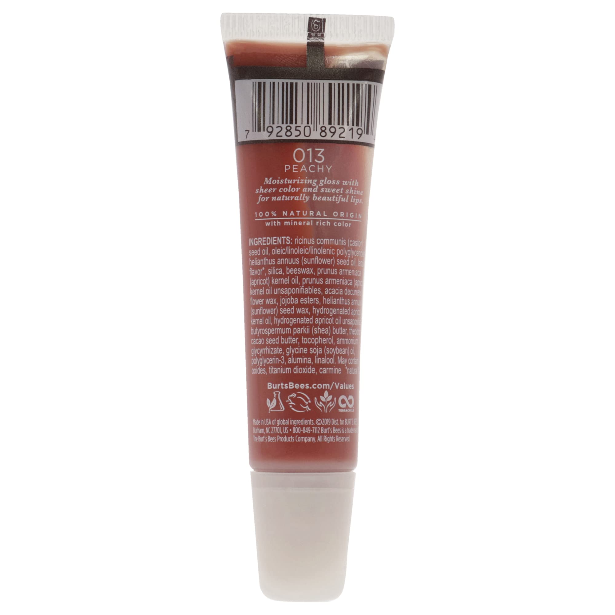 Burt's Bees Peachy gloss texture swatch highlighting smooth moisturizing finish
