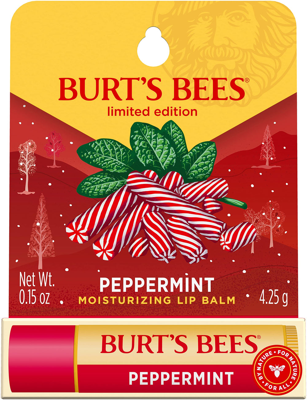 Burt's Bees front packaging showing blistered peppermint lip balm and clear labeling for easy identification