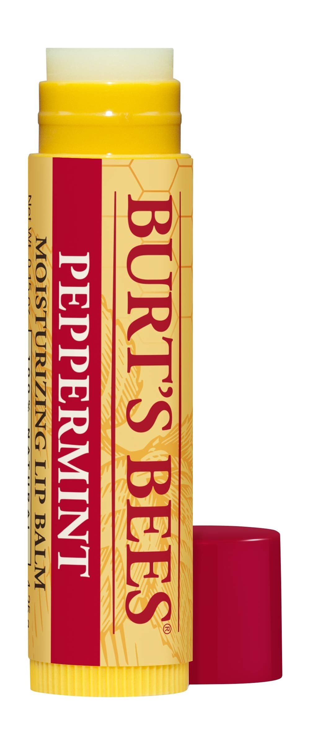 Burt's Bees lip balm held in hand to show compact 0.15 oz scale and pocket-friendly convenience