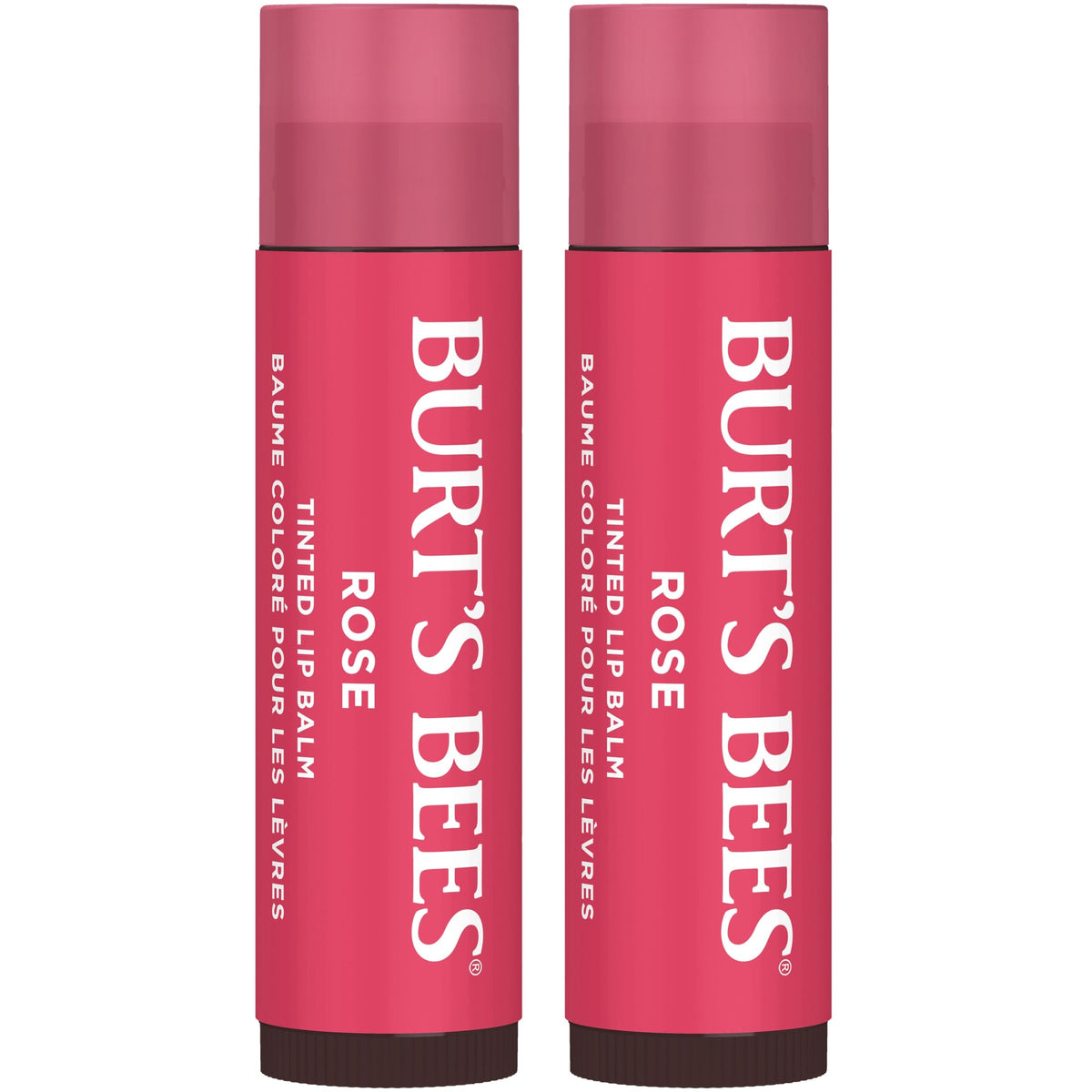 Burt's Bees front packaging showing two Petal Rose balms and brand badge benefiting portability
