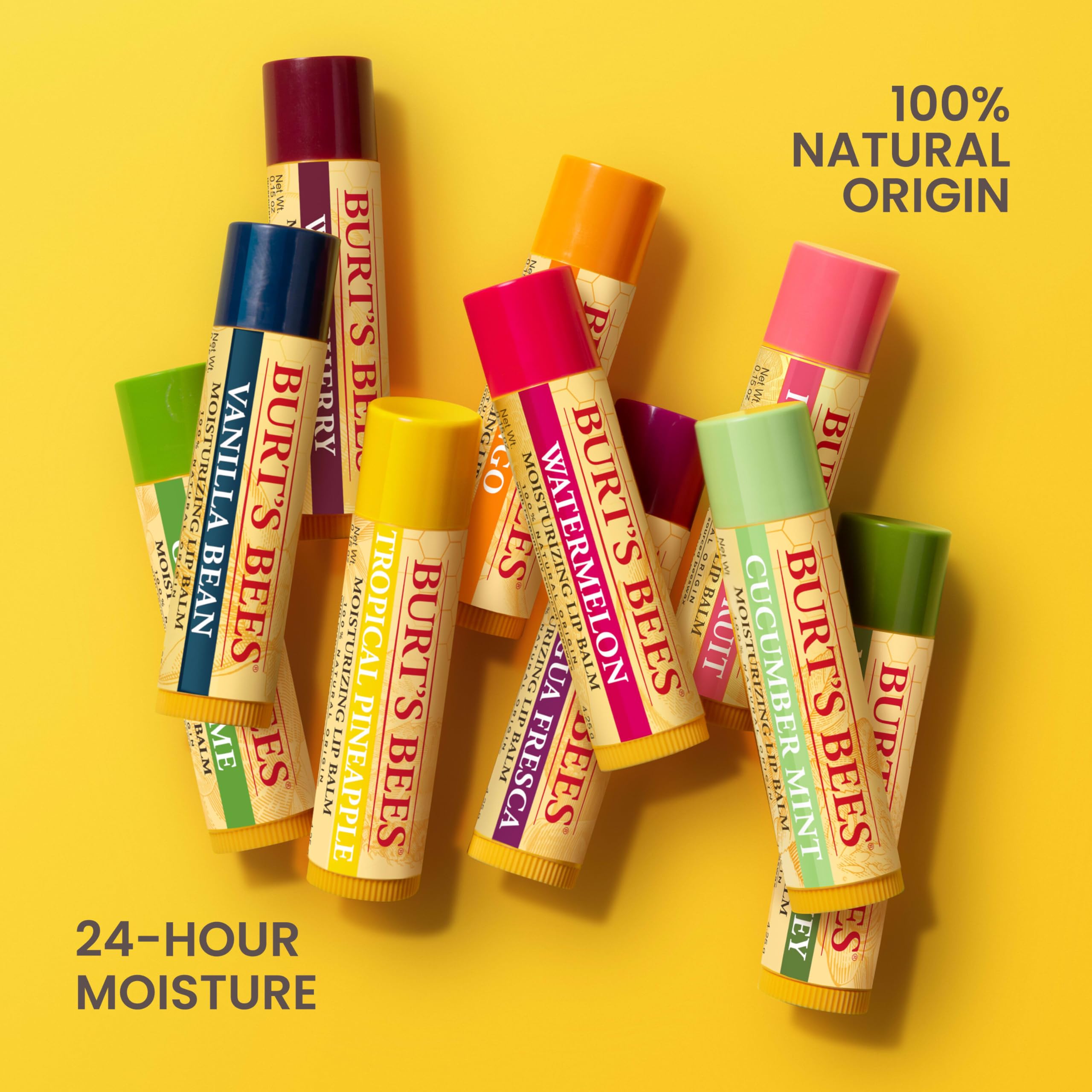 Burt's Bees tube beside a wallet illustrating pocket-ready, portable lip care