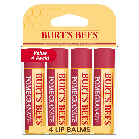 Burt's Bees front packaging showing four pomegranate lip balms for easy replenishment