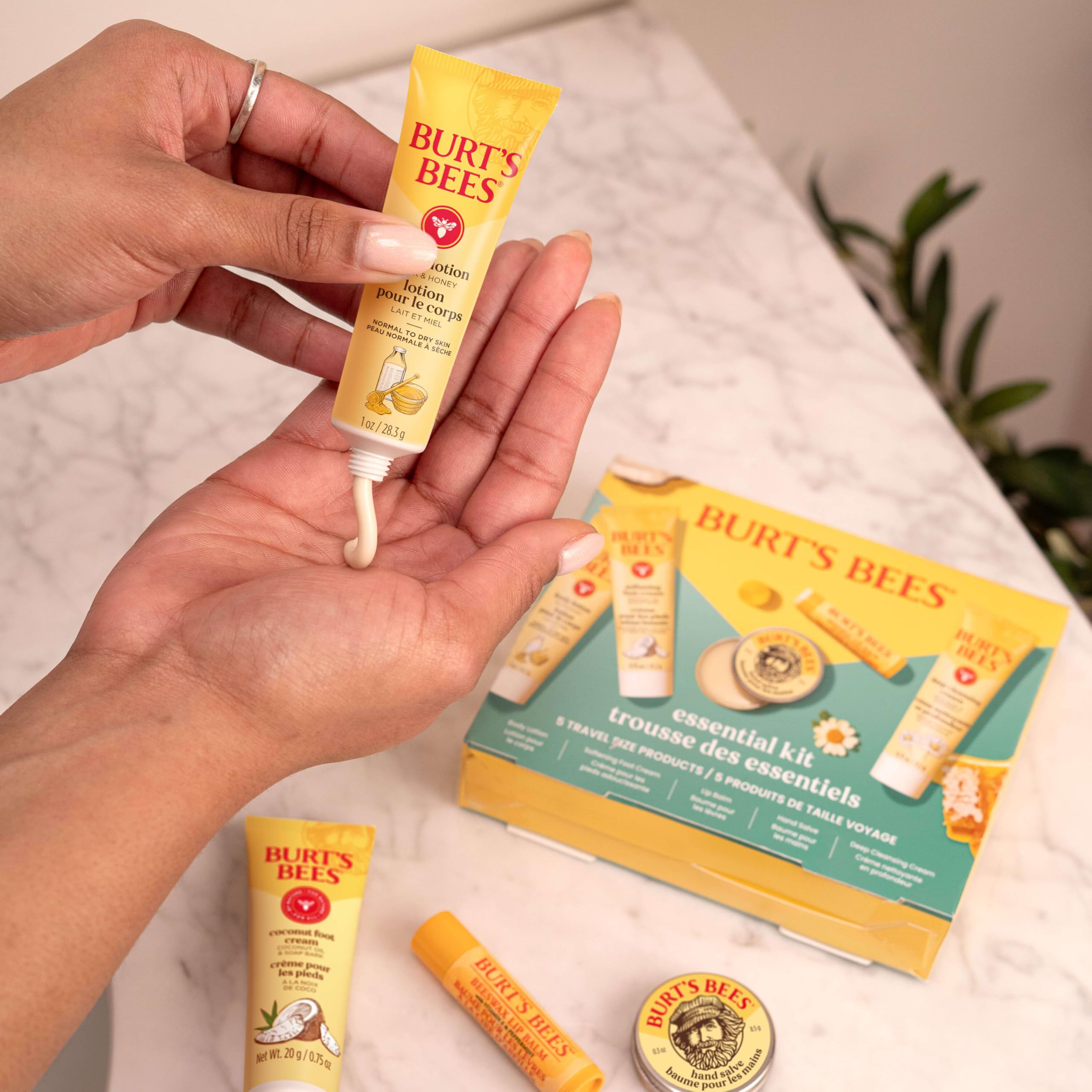 Burt's Bees products inside bathroom travel bag showing grab-and-go routine benefit