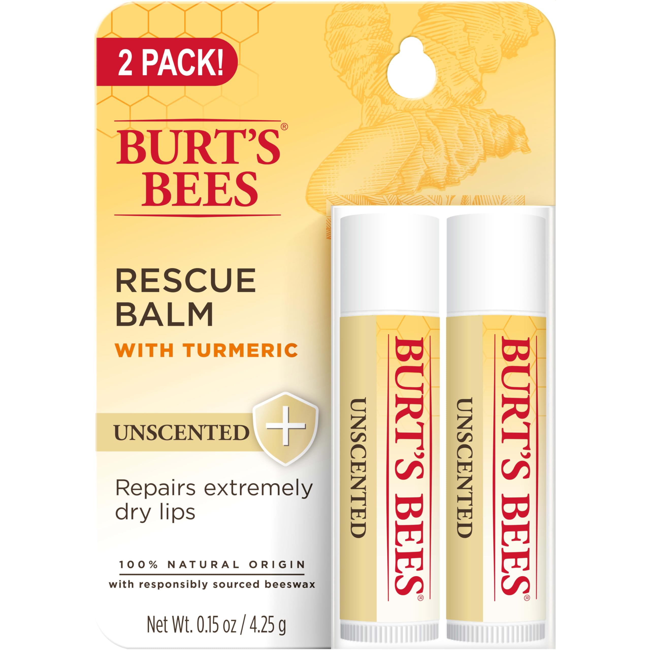 Burt's Bees front packaging showing two unscented rescue balm tubes and benefits