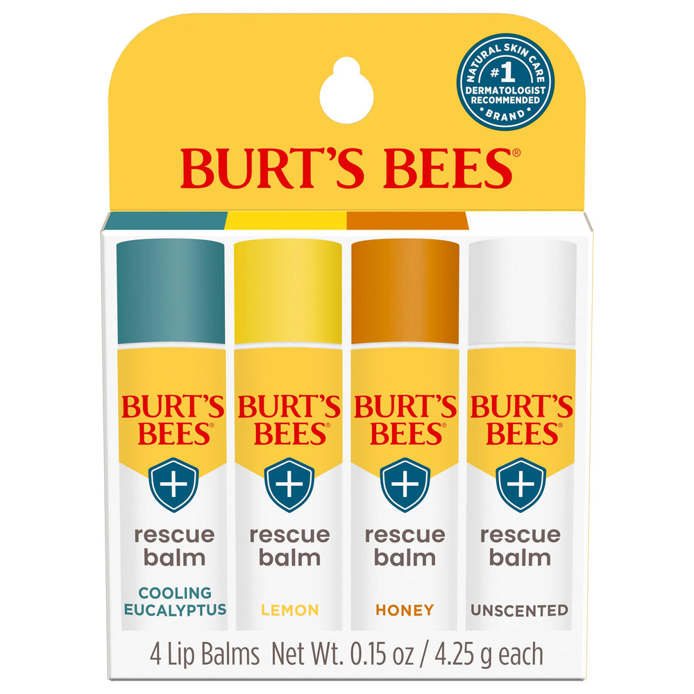 Burt's Bees front packaging showing four-tube set and natural ingredients benefits