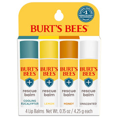Burt's Bees front packaging showing four-tube set and natural ingredients benefits