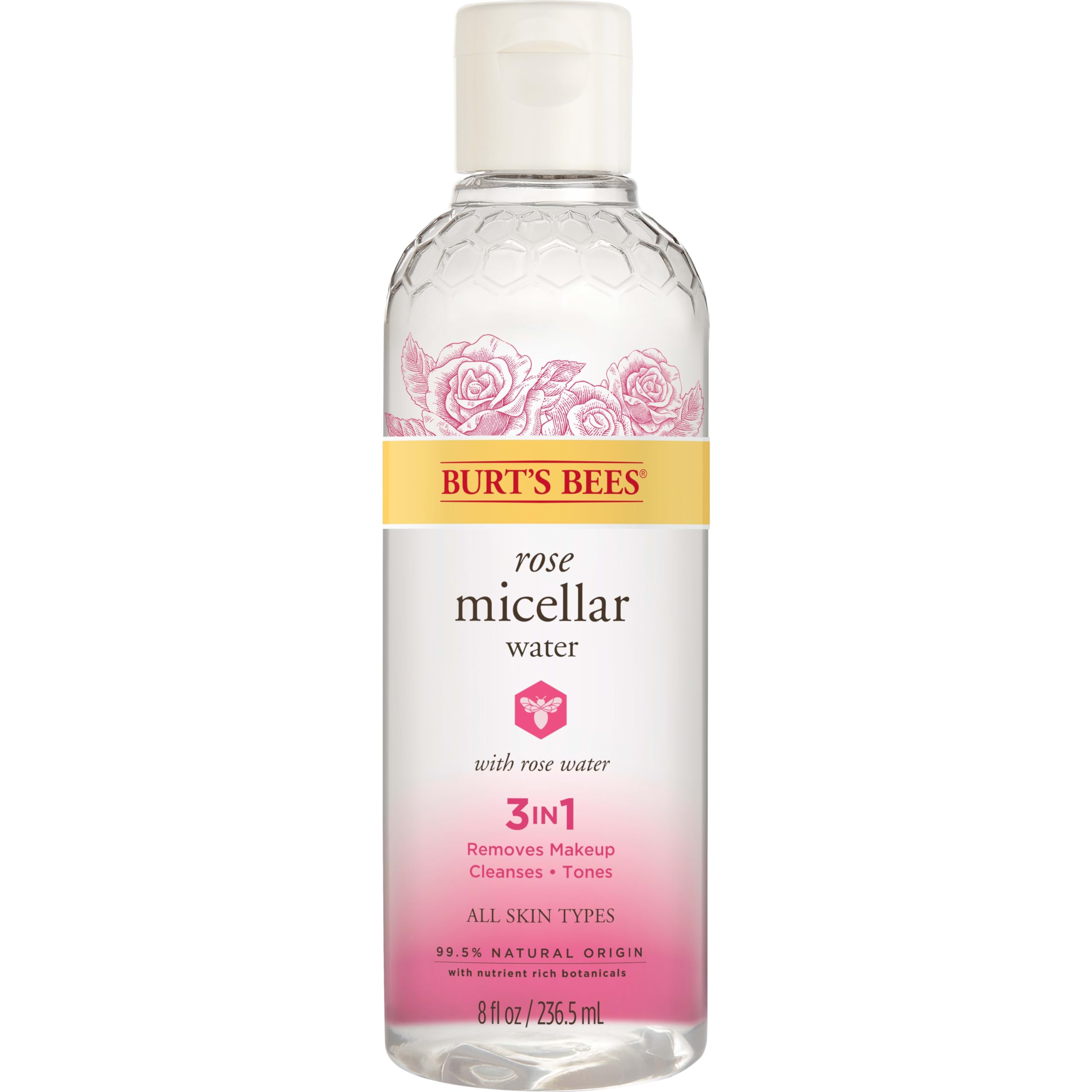 Burt's Bees rose micellar front packaging showing bottle and label benefits