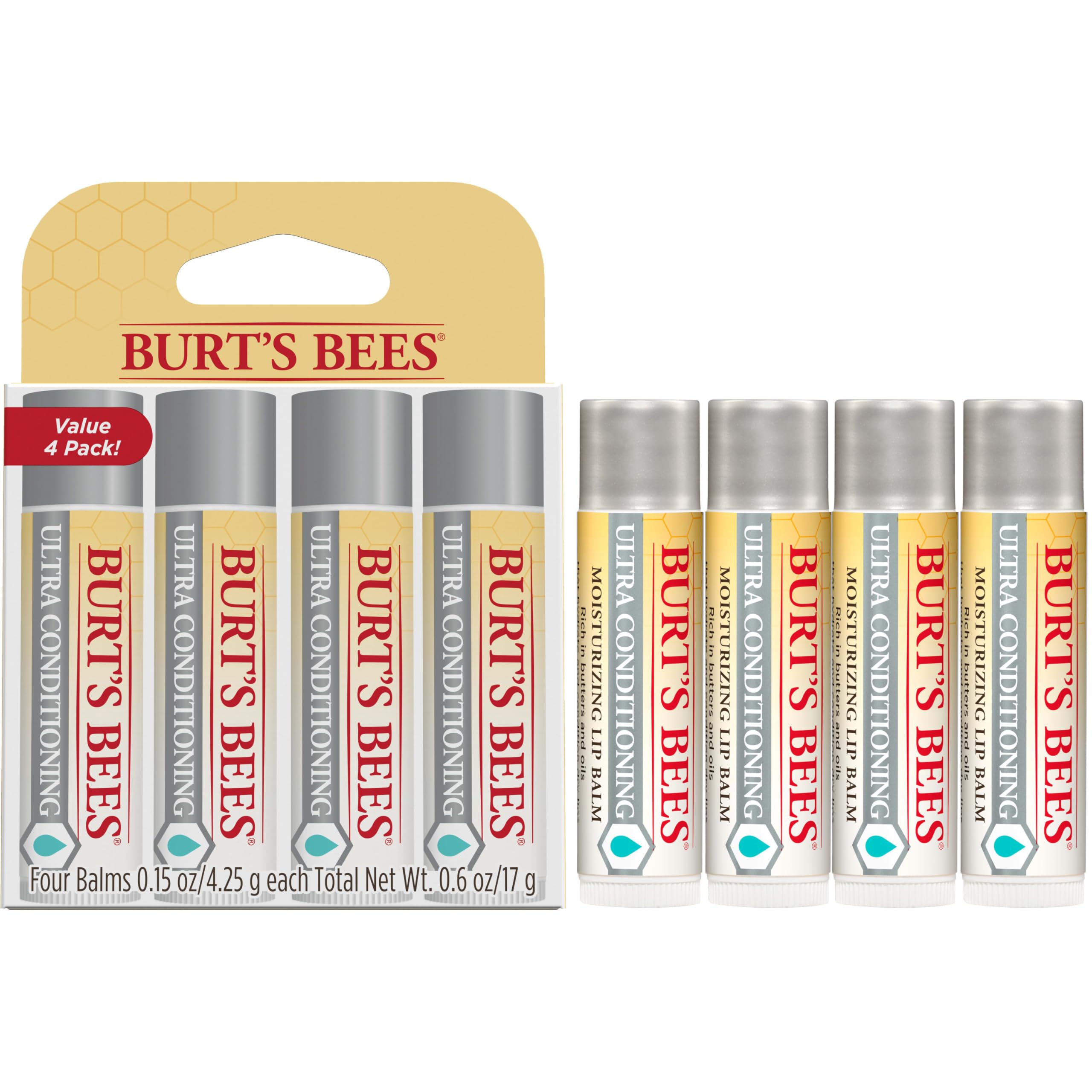 Burt's Bees tube beside coin for scale to illustrate compact travel-ready size