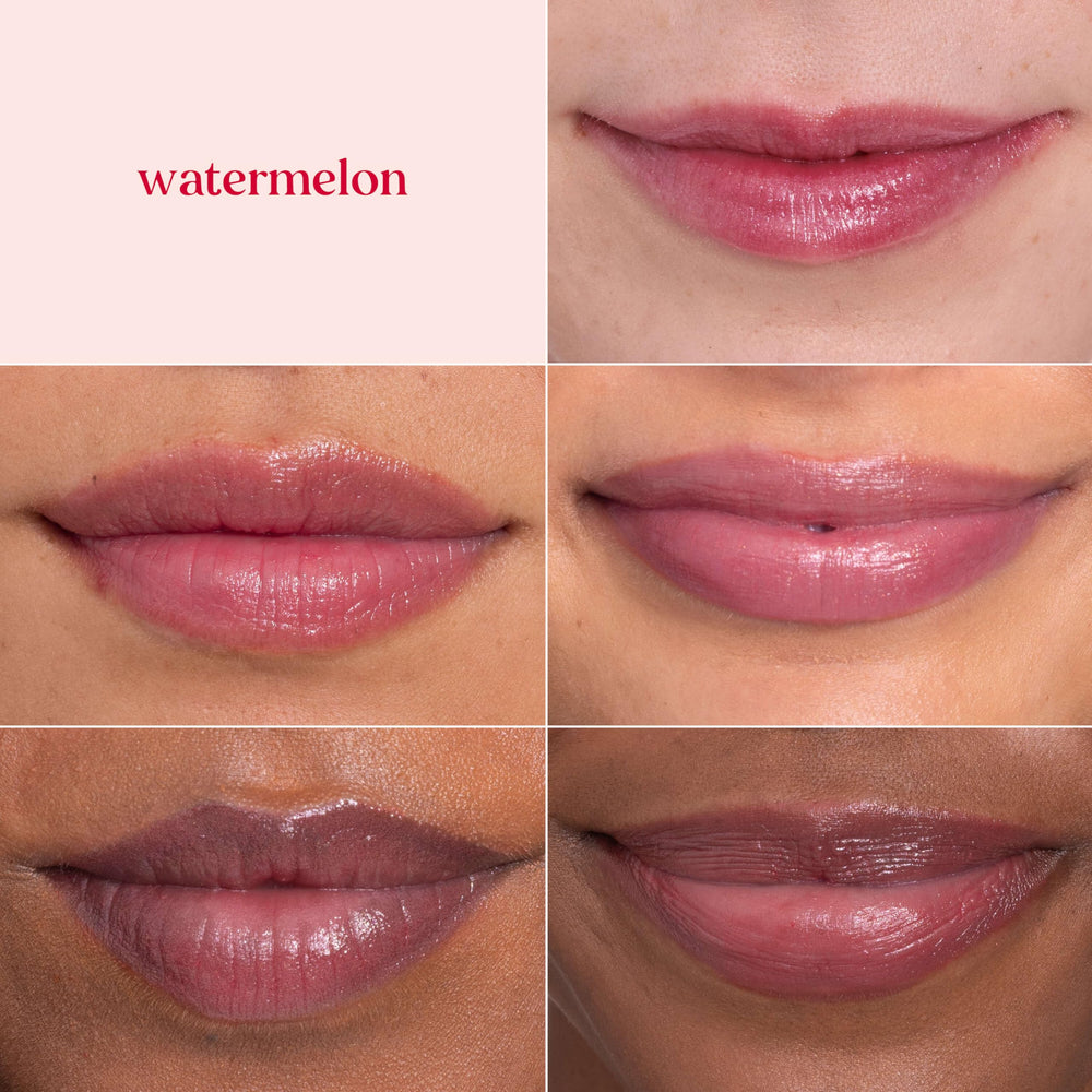 Burt's Bees swatches on arm comparing the Watermelon Champagne and Guava finishes