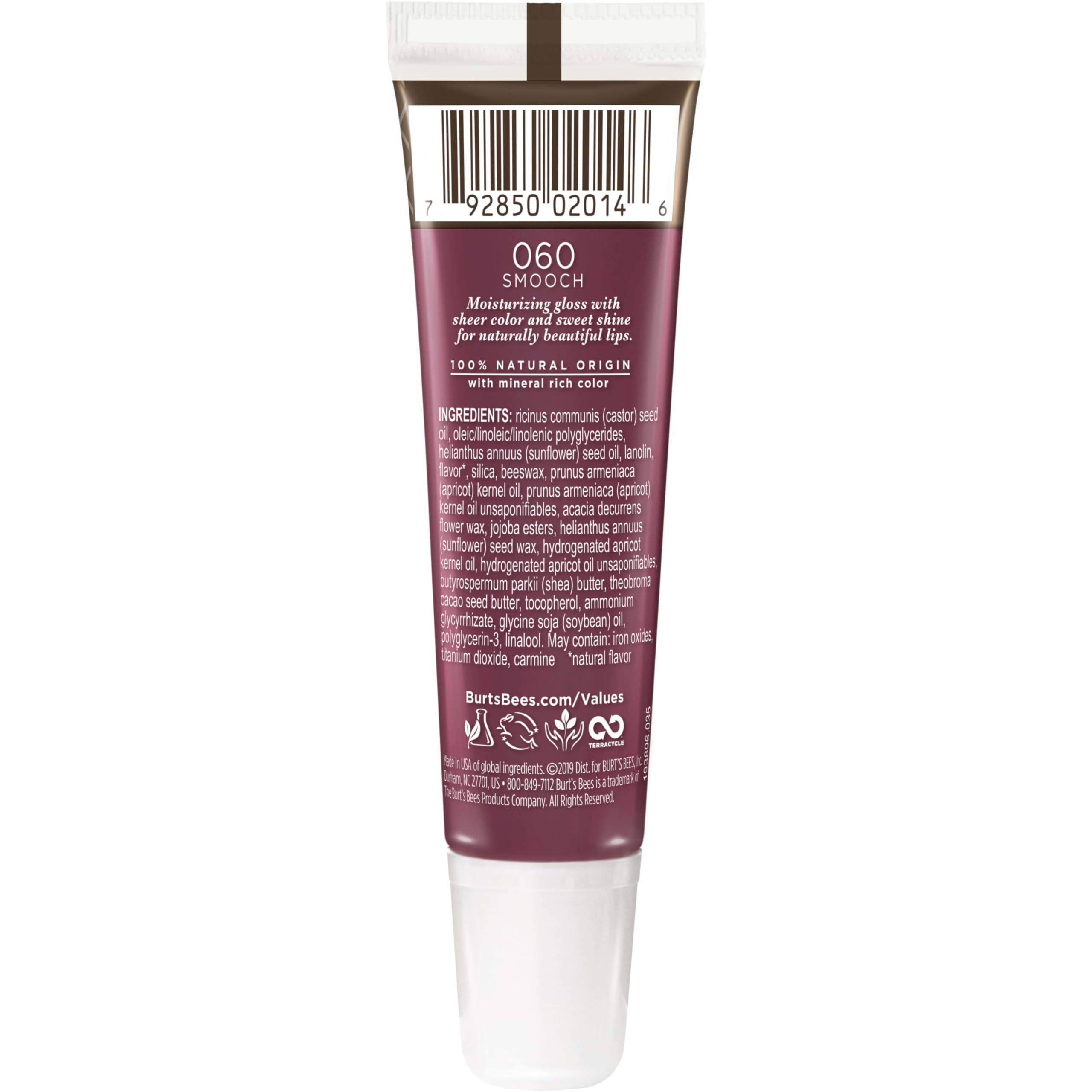 Burt's Bees label detail showing natural origin ingredients and clean-beauty benefit
