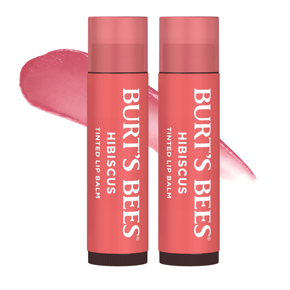 Burt's Bees front packaging showing two soft hibiscus tinted balms and benefits