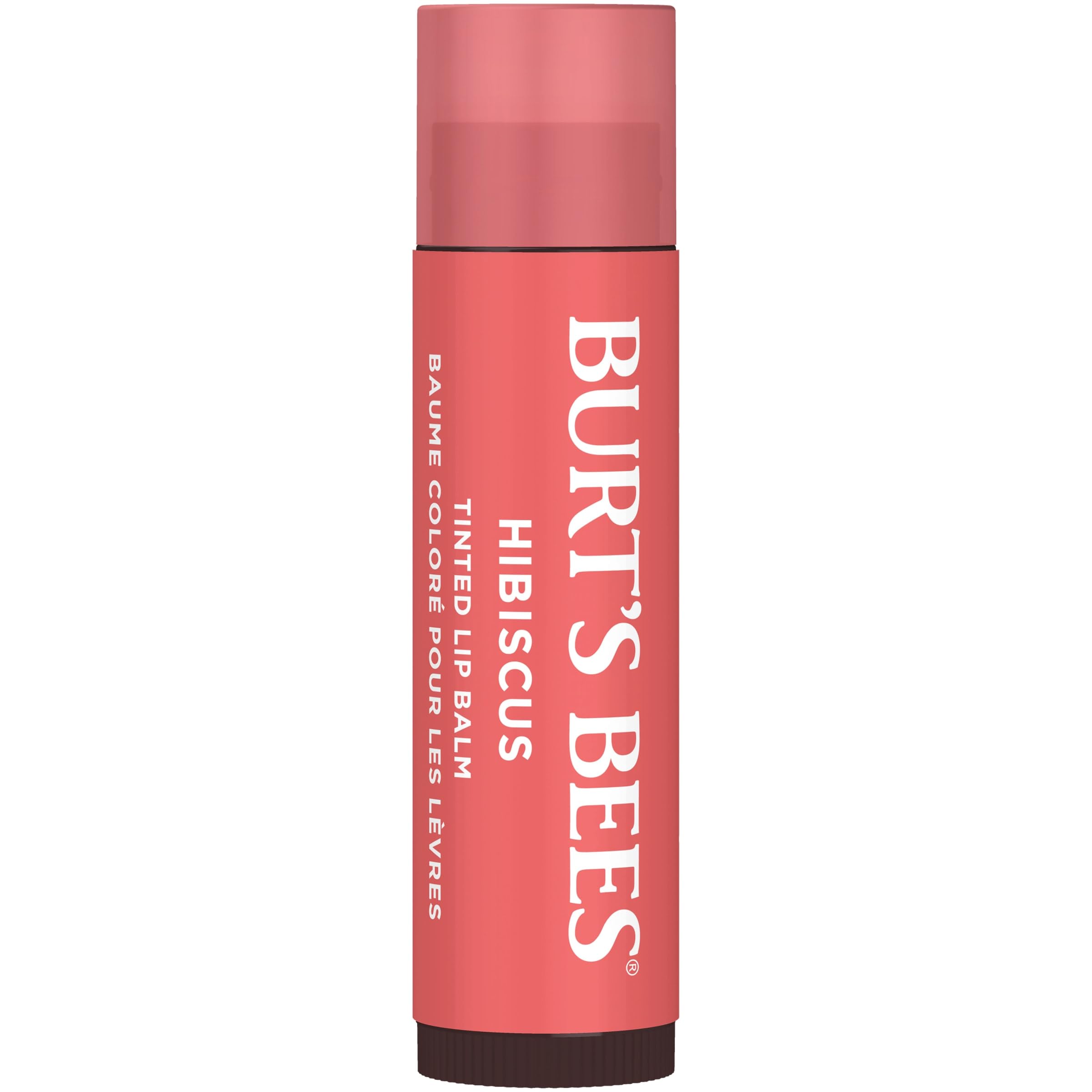 Burt's Bees open balm stick revealing warm neutral pink tint for quick use