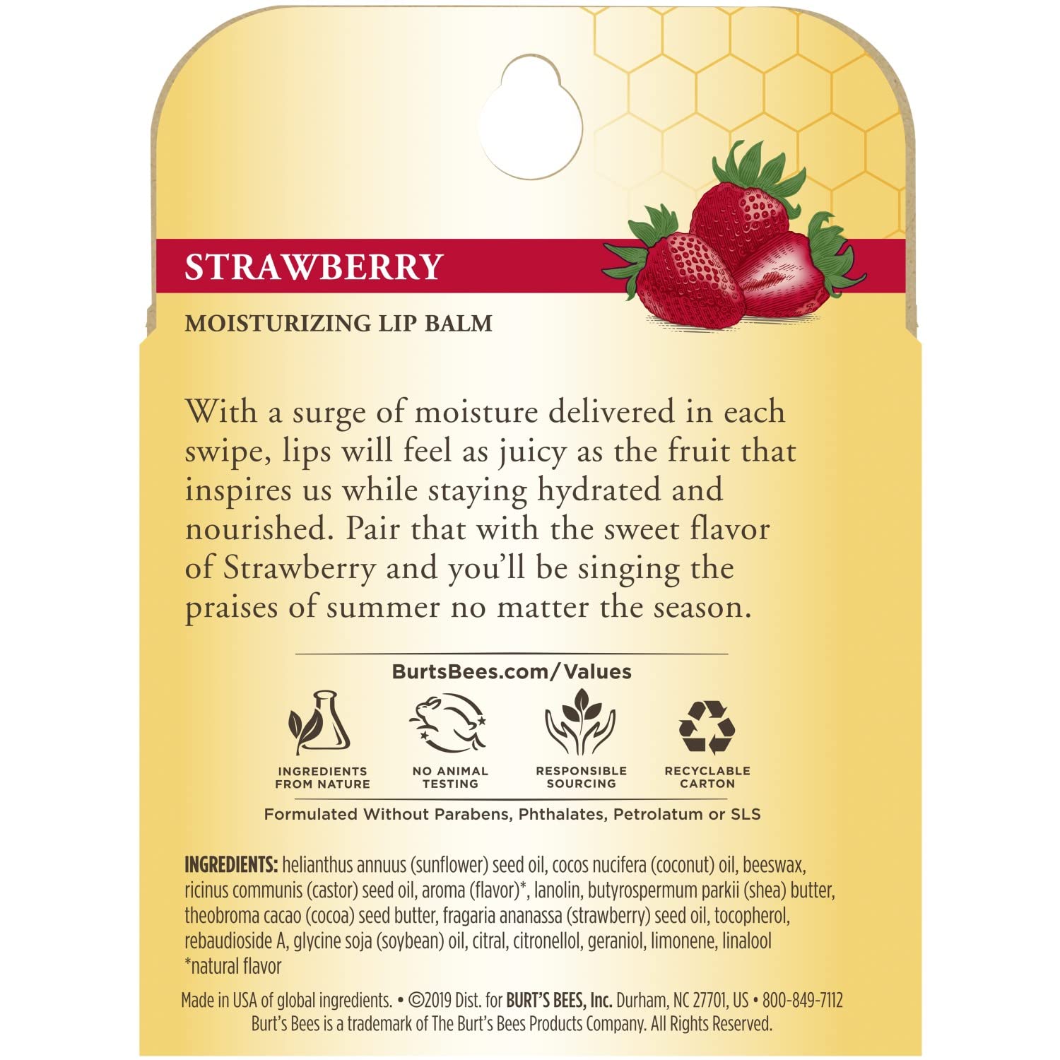 Burt's Bees beeswax and strawberries flatlay emphasizing natural fruit extracts