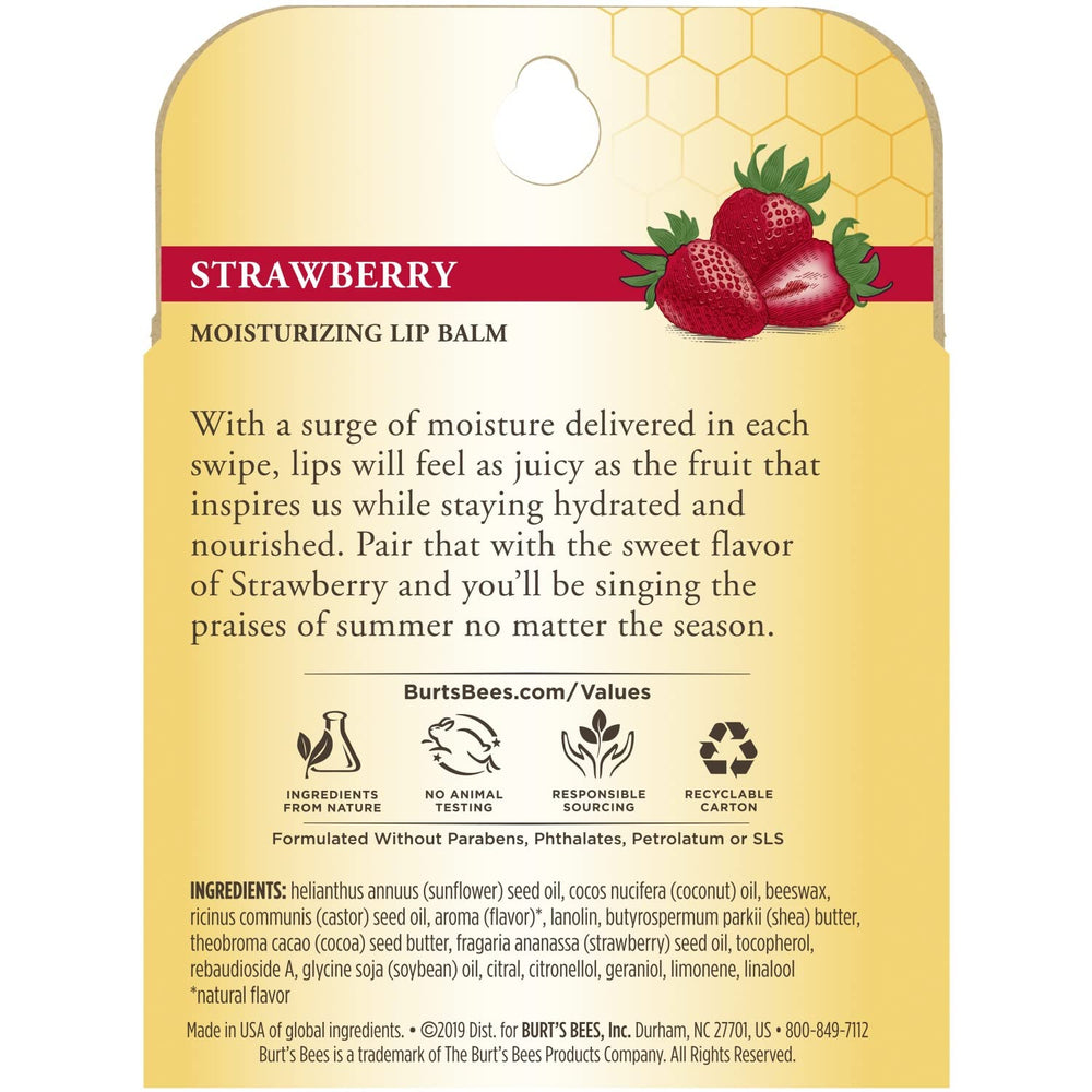 Burt's Bees beeswax and strawberries flatlay emphasizing natural fruit extracts