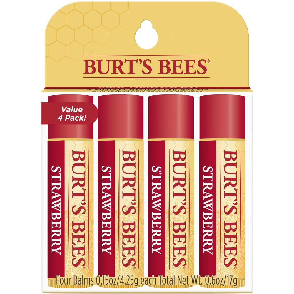 Burt's Bees front tube showing strawberry flavor and compact design for easy use