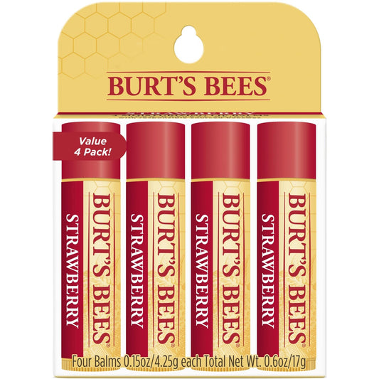 Burt's Bees front tube showing strawberry flavor and compact design for easy use