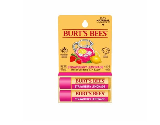 Burt's Bees front packaging showing two strawberry lemonade lip balm tubes for easy hydration