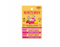 Burt's Bees front packaging showing two strawberry lemonade lip balm tubes for easy hydration