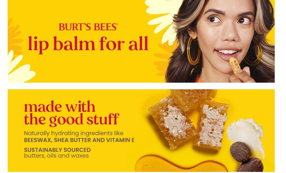 Burt's Bees two tubes side by side illustrating convenient pocket-sized natural lip care