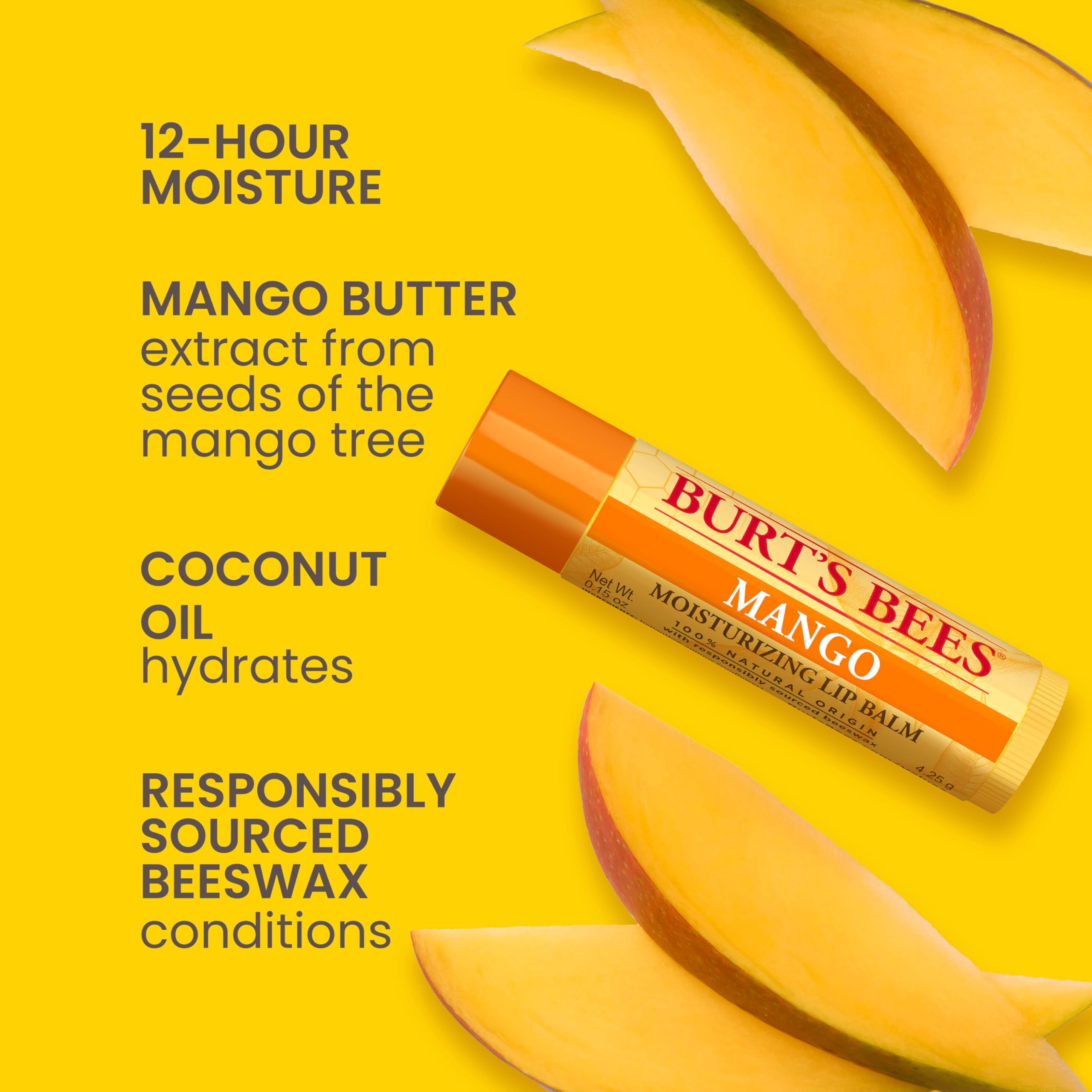 Burt's Bees four tubes arranged to show Pink Grapefruit Mango Coconut Pear flavors