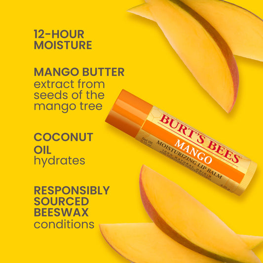 Burt's Bees four tubes arranged to show Pink Grapefruit Mango Coconut Pear flavors