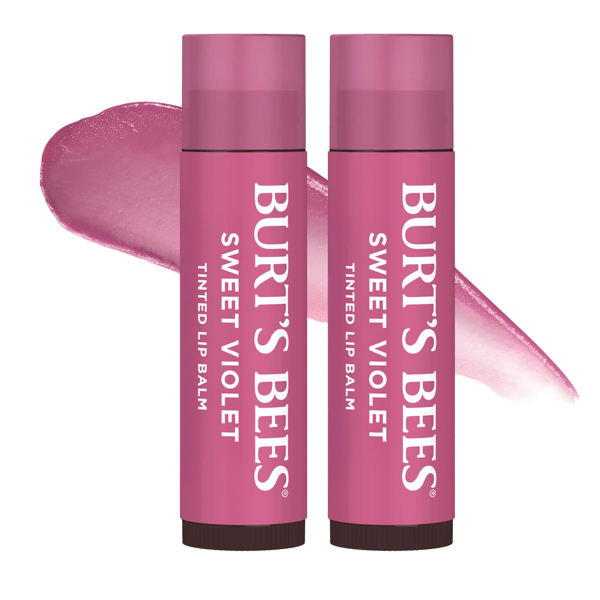 Burt's Bees front packaging showing Sweet Violet two-pack, convenient on-the-go