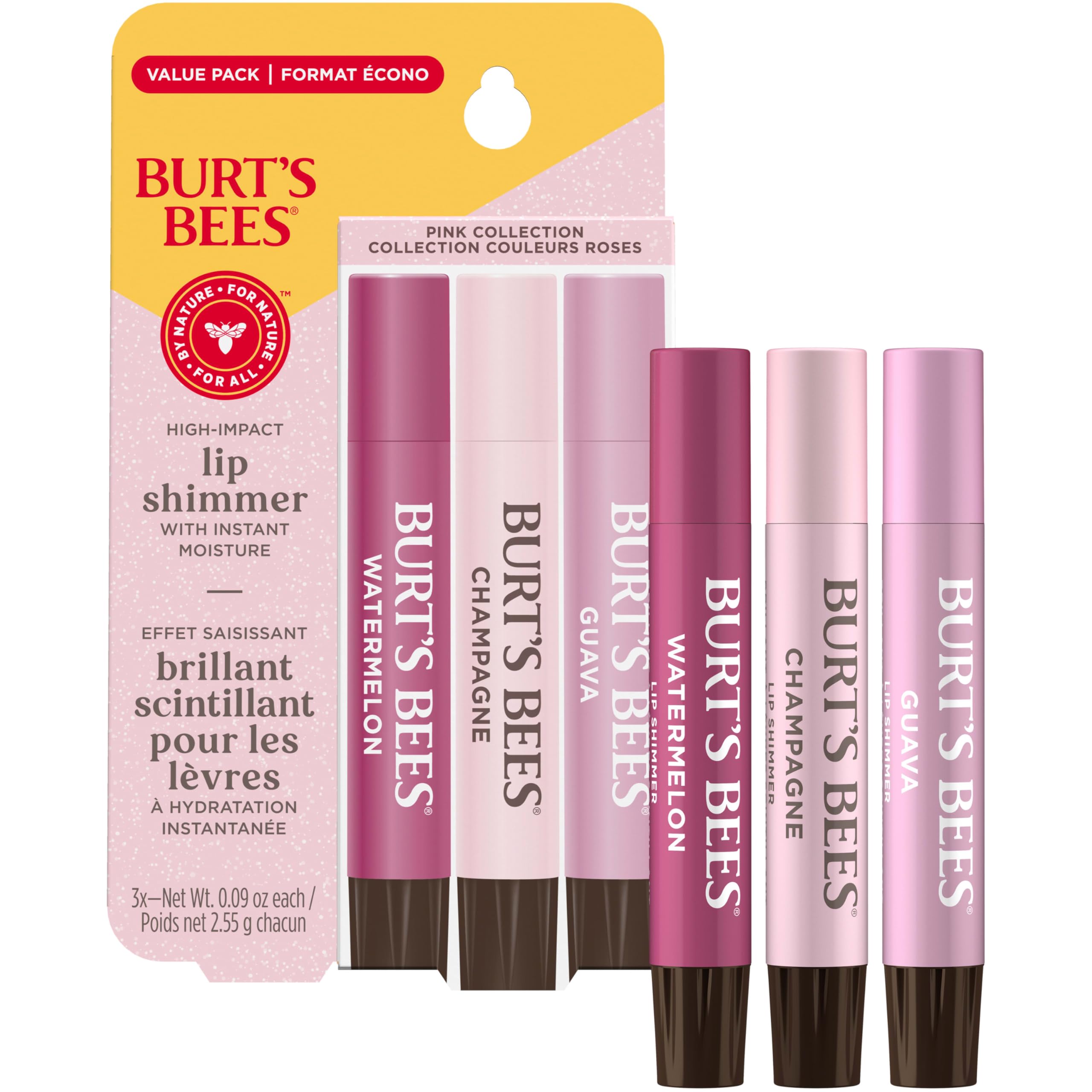 Burt's Bees three tubes arranged to display Watermelon Champagne and Guava shades