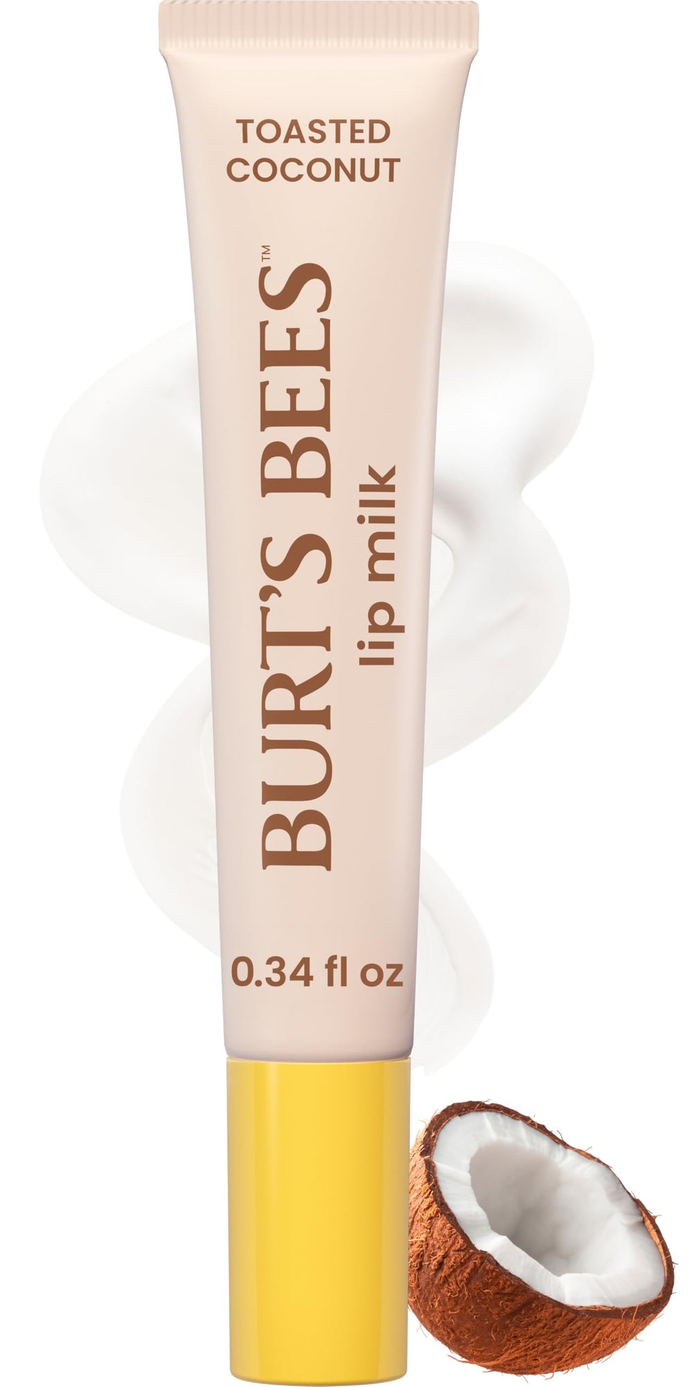 Burt's Bees front tube showing toasted coconut lip milk and easy portability