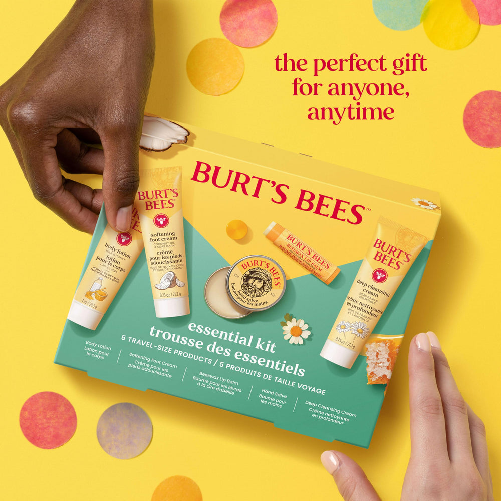 Burt's Bees travel-size lineup on counter showing compact convenience benefit