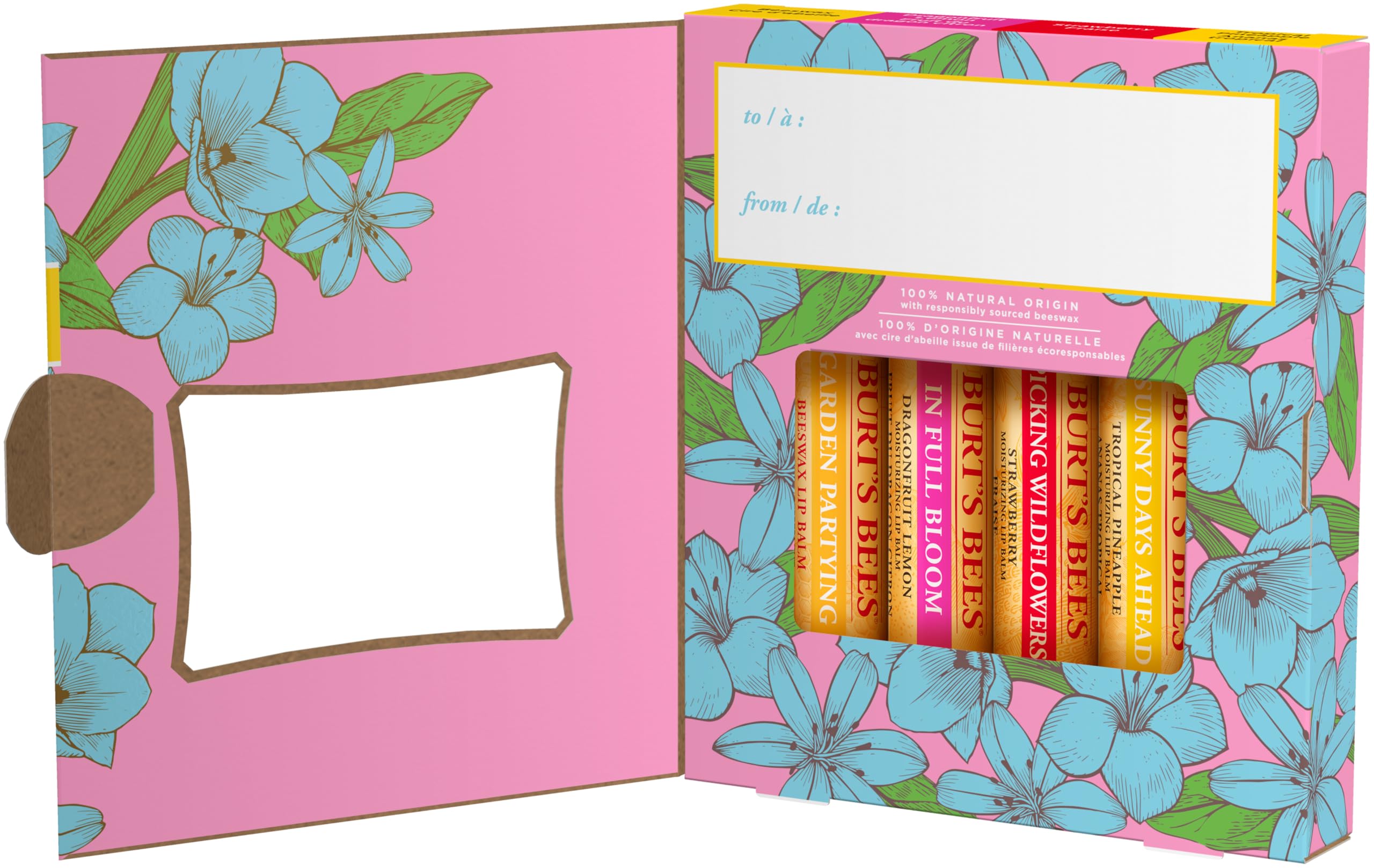 Burt's Bees lip balm tubes arranged in a gift box showing ready-to-give presentation