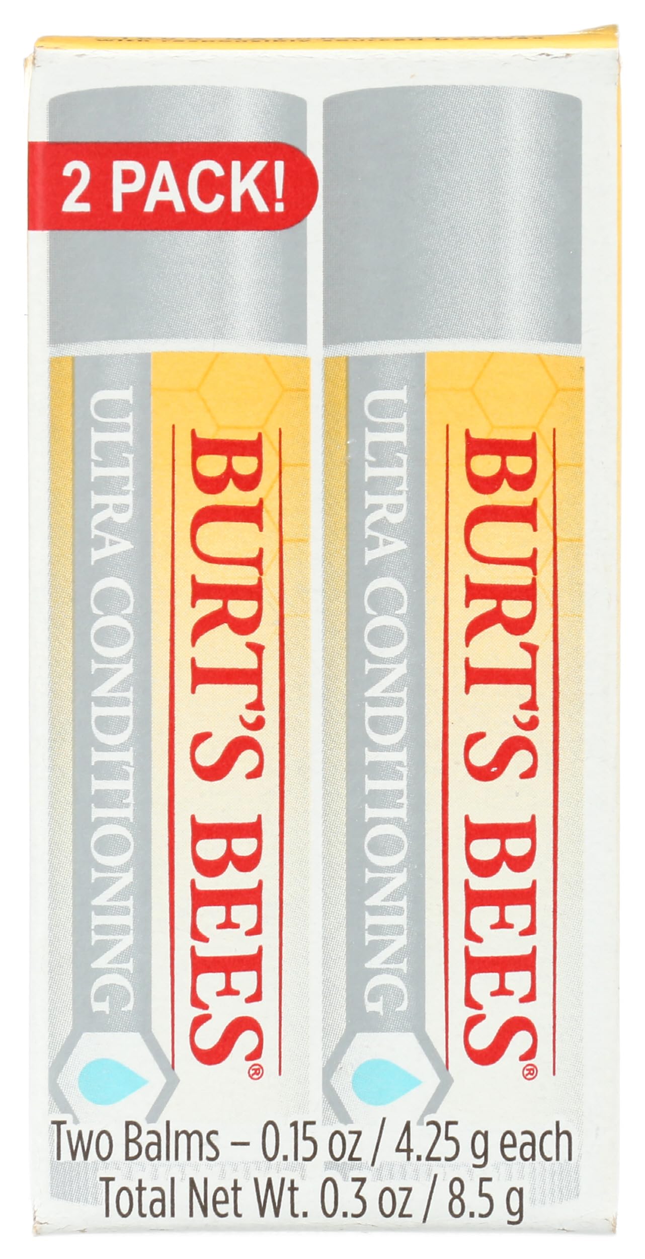 Burt's Bees front view of two tubes showing compact travel-ready benefit