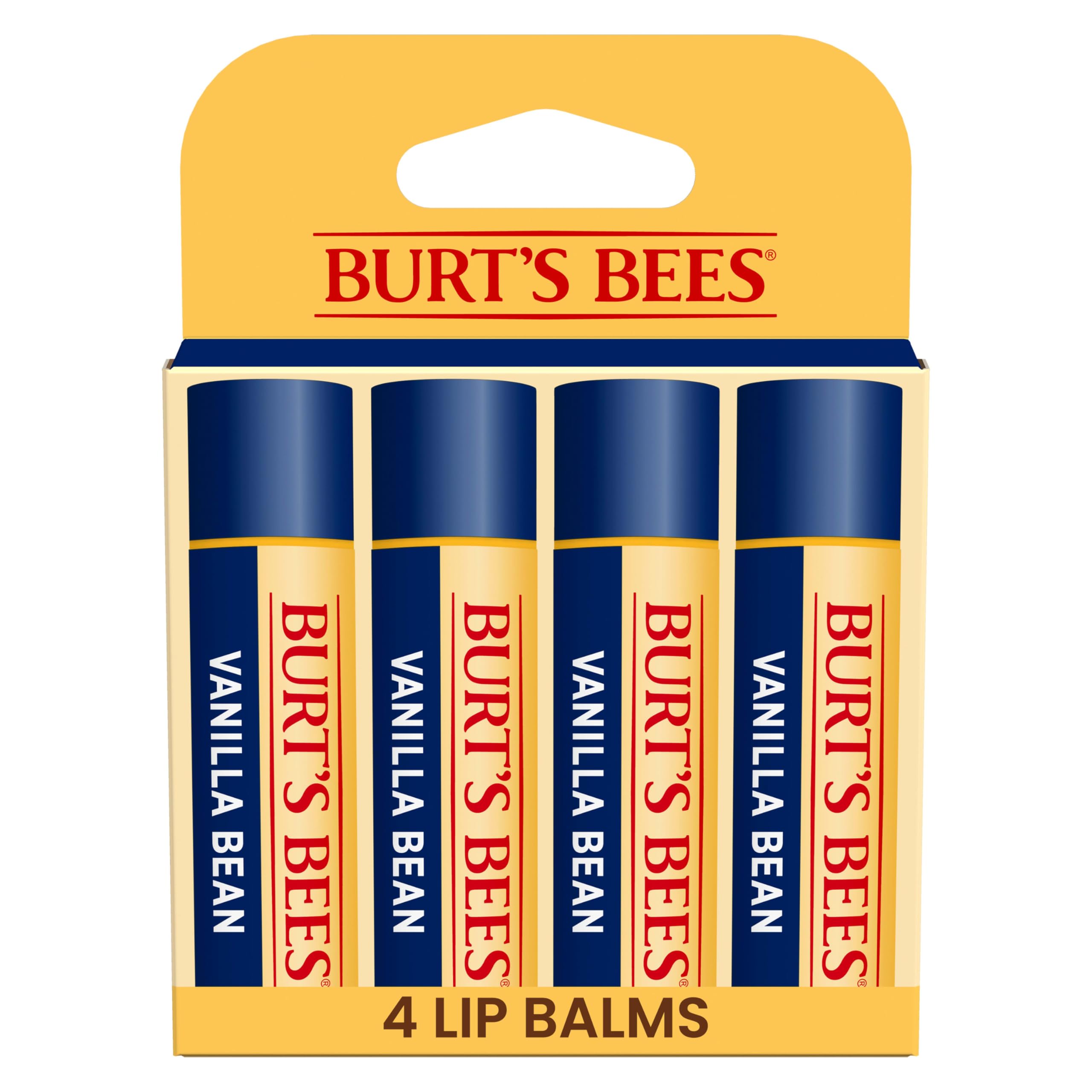 Burt's Bees front-packaging showing four vanilla bean lip balm tubes and branding benefits