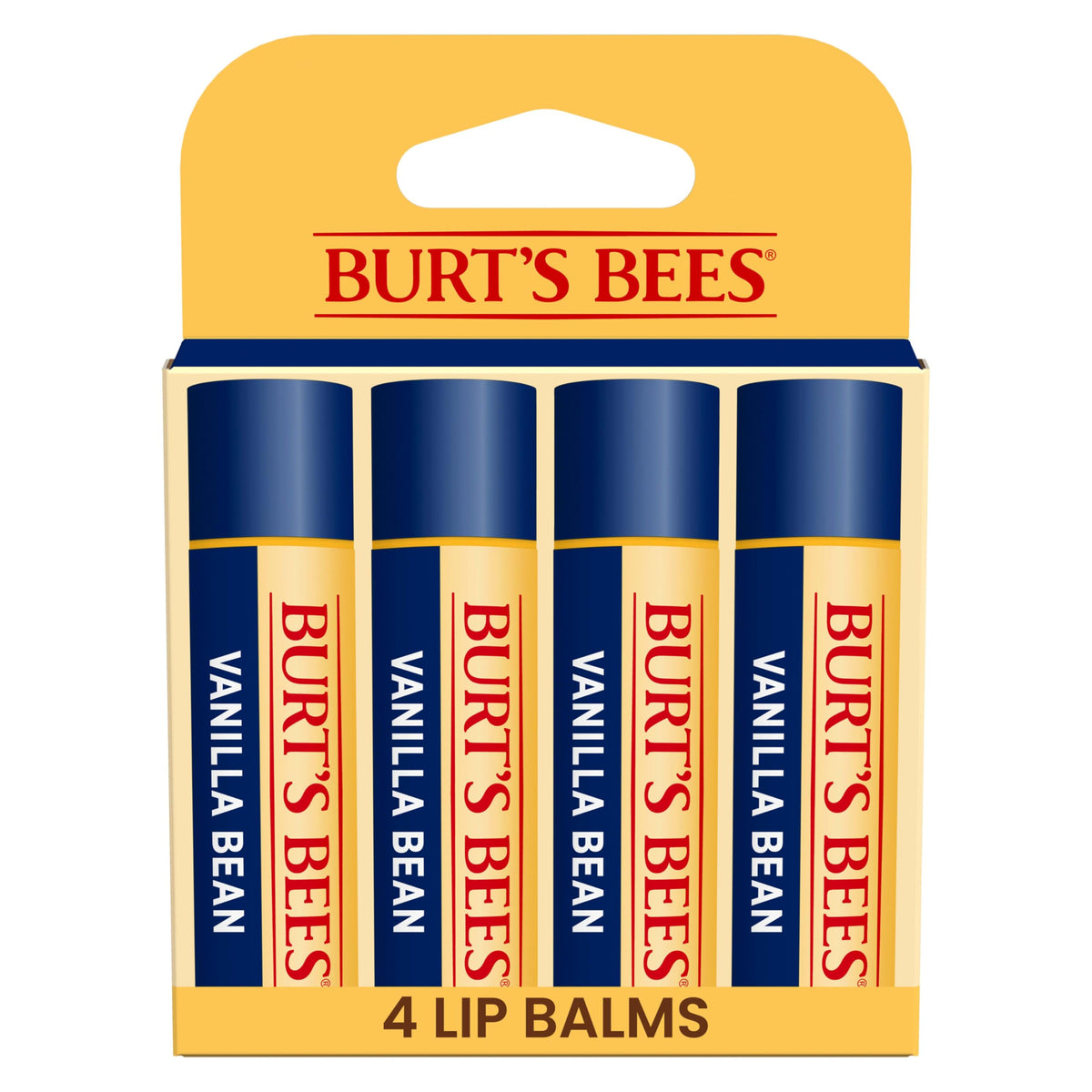 Burt's Bees front-packaging showing four vanilla bean lip balm tubes and branding benefits