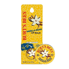 Burt's Bees vanilla bean tin front view showing recyclable metal packaging and label