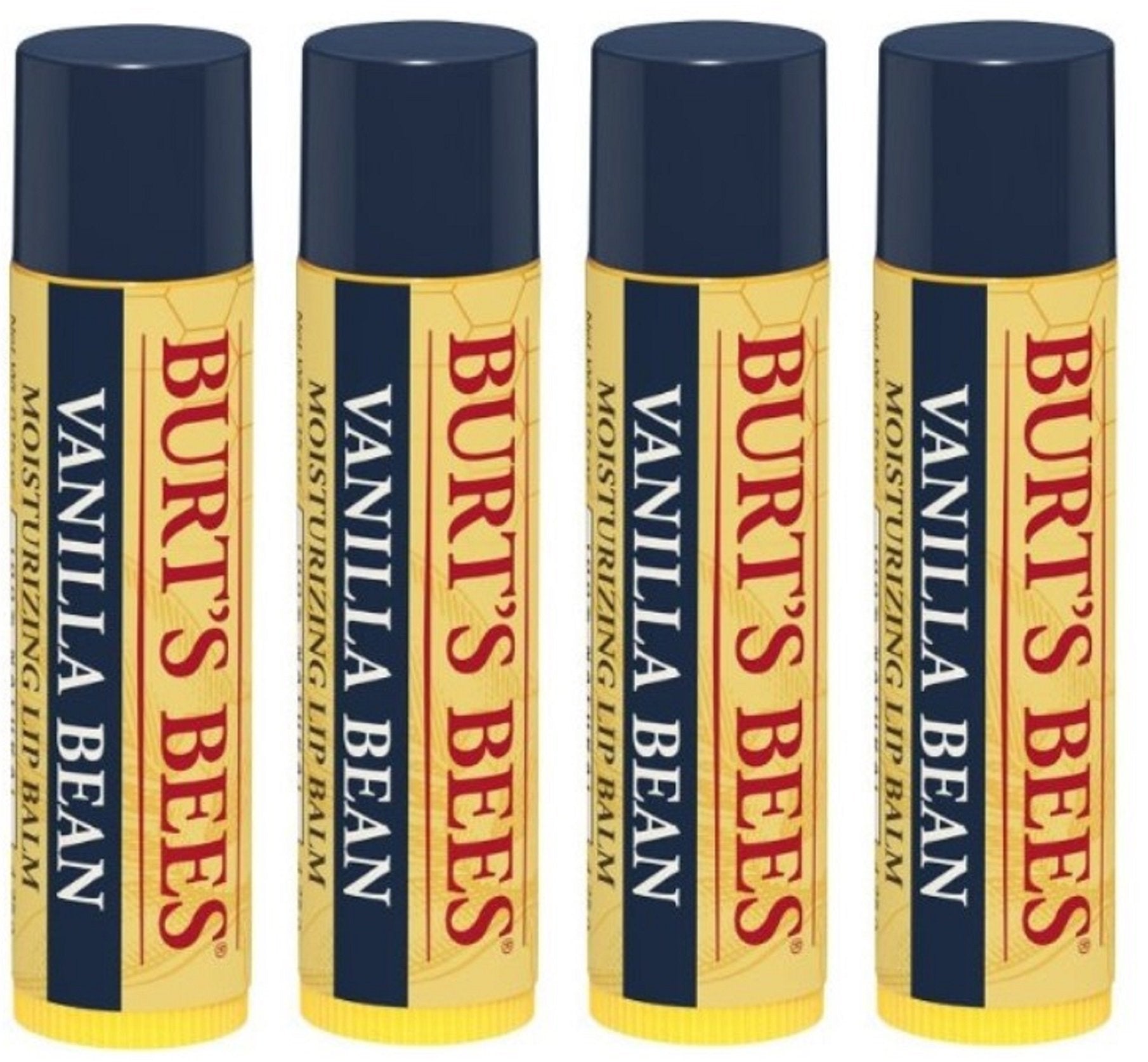Burt's Bees front packaging showing vanilla four-pack and compact tubes for convenient use