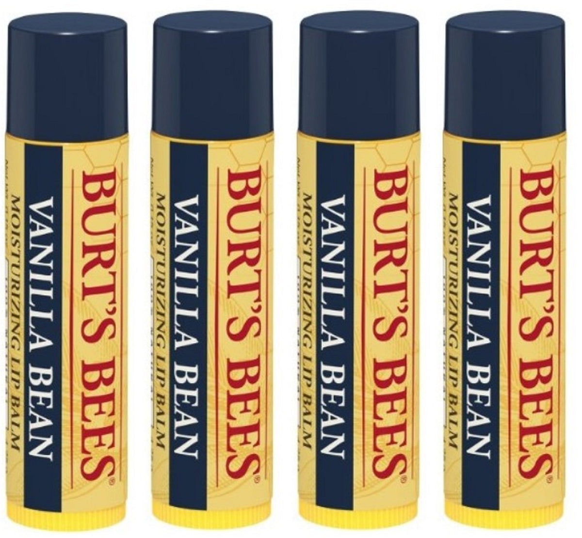 Burt's Bees front packaging showing vanilla four-pack and compact tubes for convenient use