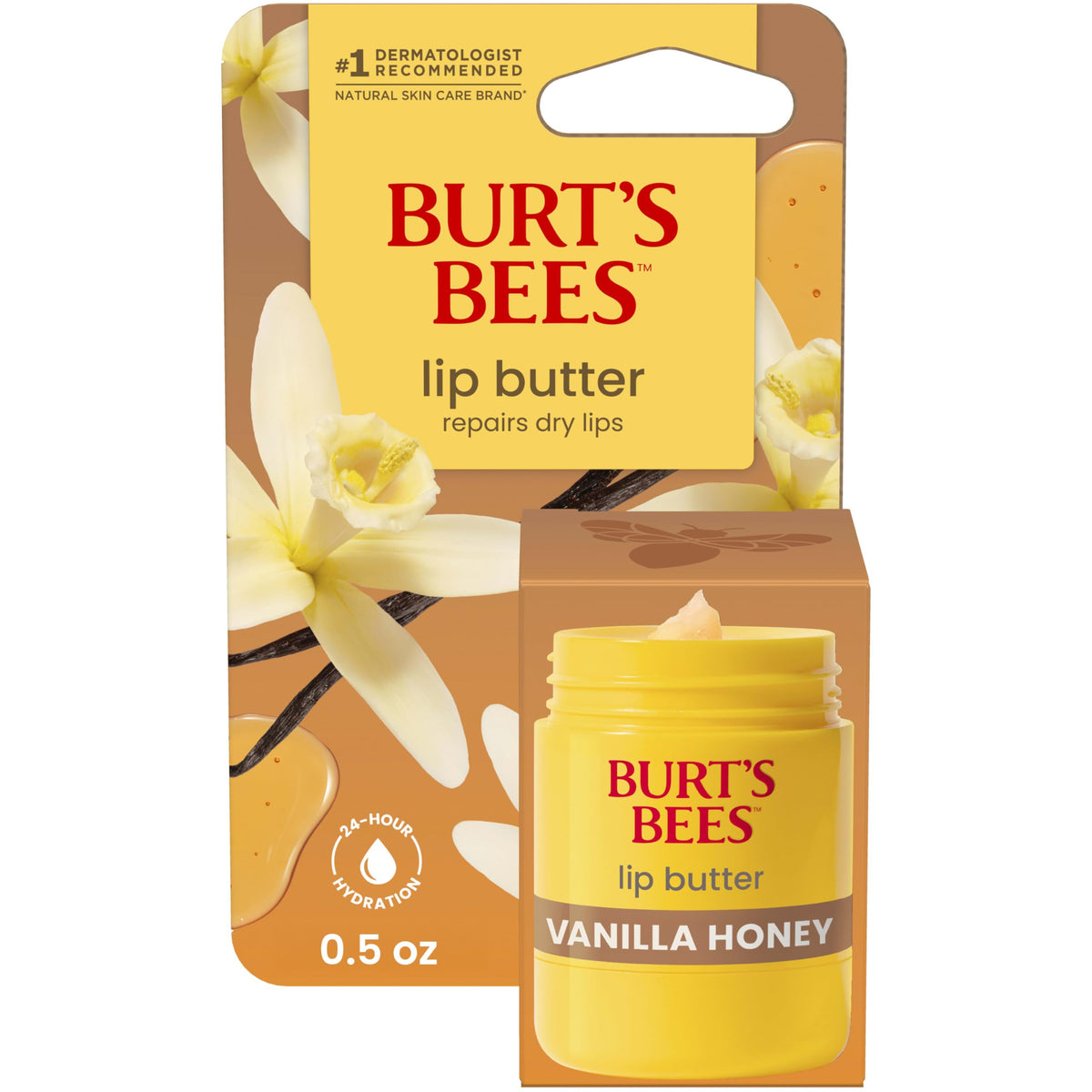 Burt's Bees front packaging showing vanilla honey and benefits