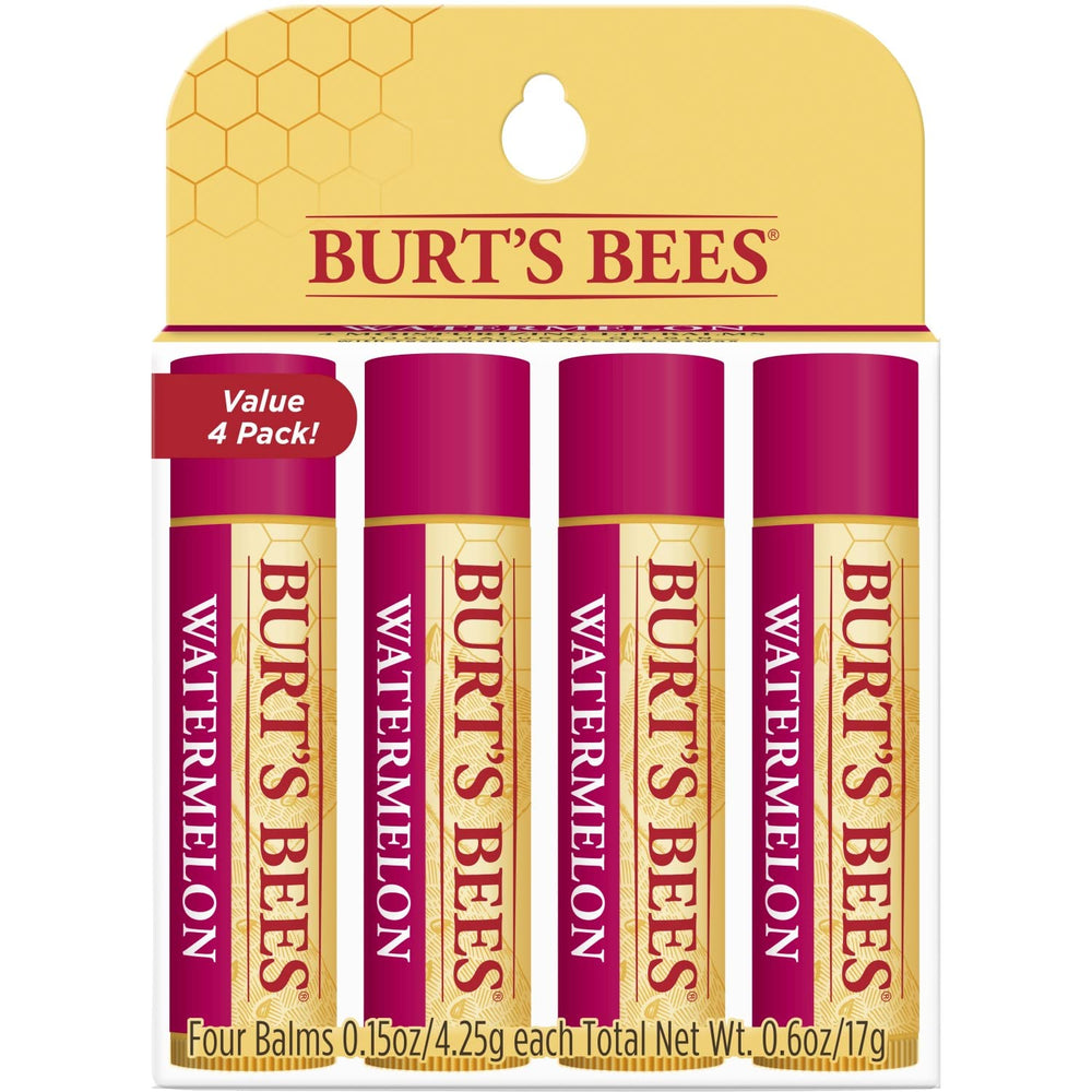 Burt's Bees front packaging showing four watermelon lip balms and brand benefits