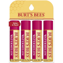 Burt's Bees front packaging showing four watermelon lip balms and brand benefits