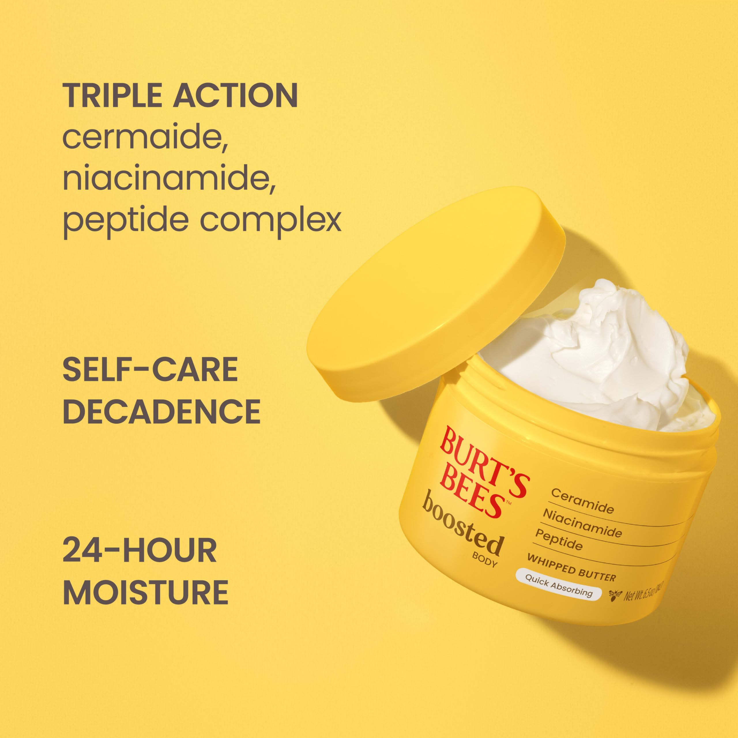 Burt's Bees open jar texture close-up highlighting light whipped formula and easy absorption