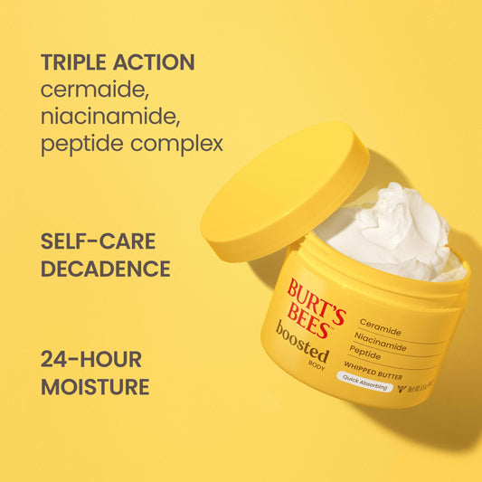 Burt's Bees open jar texture close-up highlighting light whipped formula and easy absorption