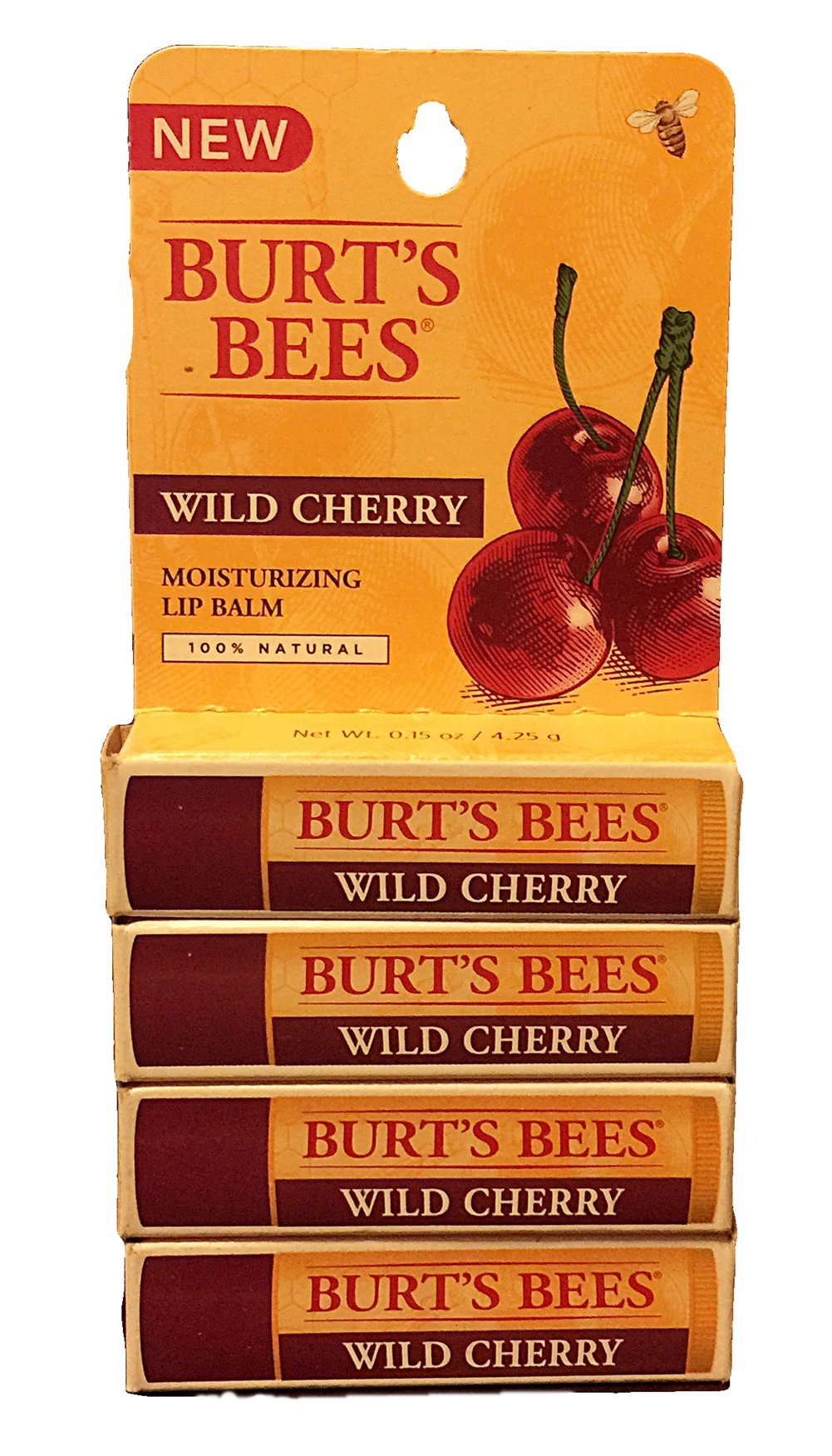 Burt's Bees wild cherry front packaging showing balm tube and natural ingredients benefit
