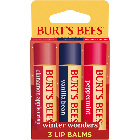 Burt's Bees front packaging showing three holiday lip balms and benefits of hydration