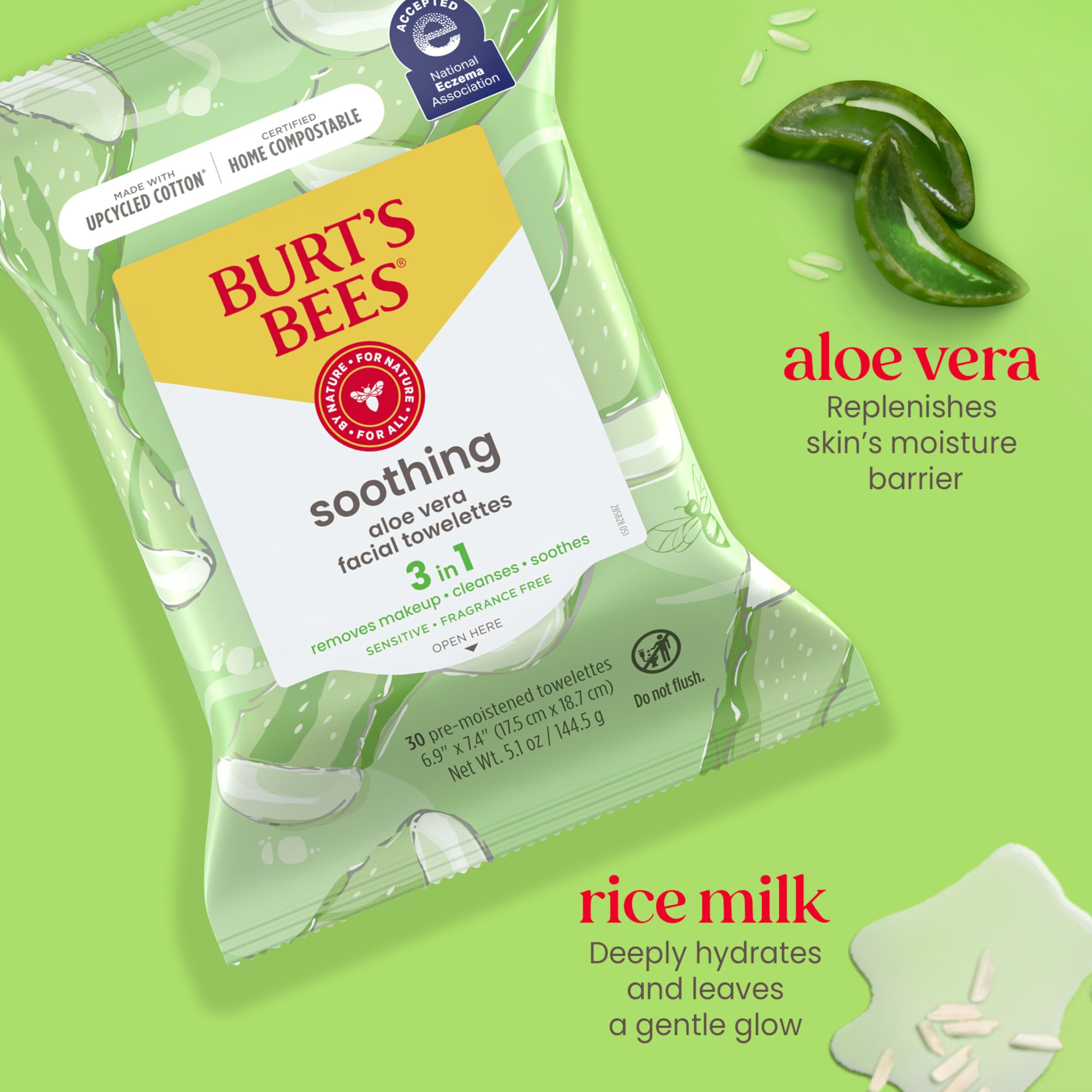 Burt's Bees wipe saturated with aloe serum for soothing cleanse