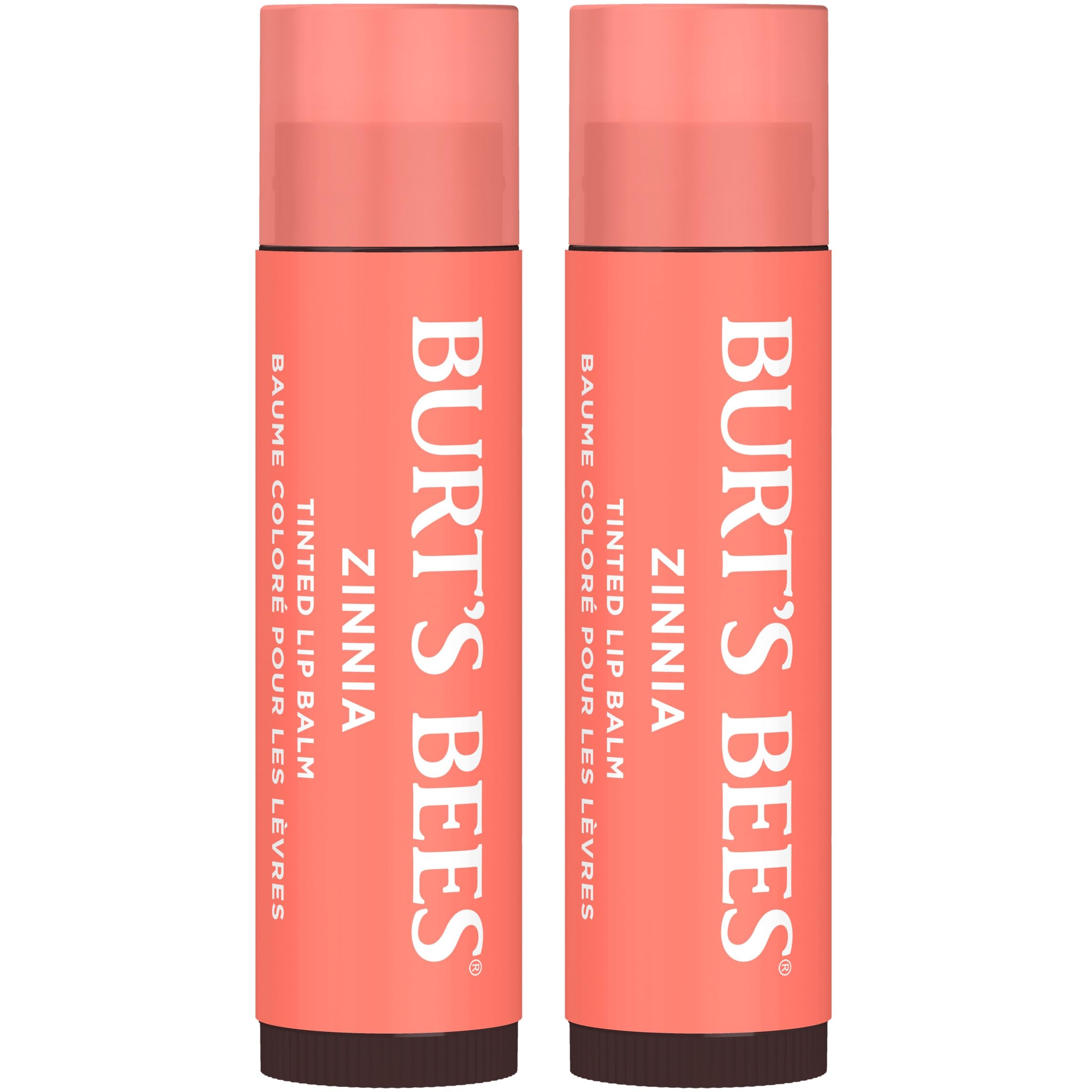 Burt's Bees front packaging showing Zinnia tint and two-pack benefit
