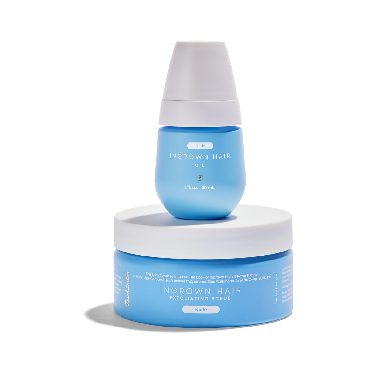 Bushbalm Nude front packaging showing both scrub and oil, promotes easy routine