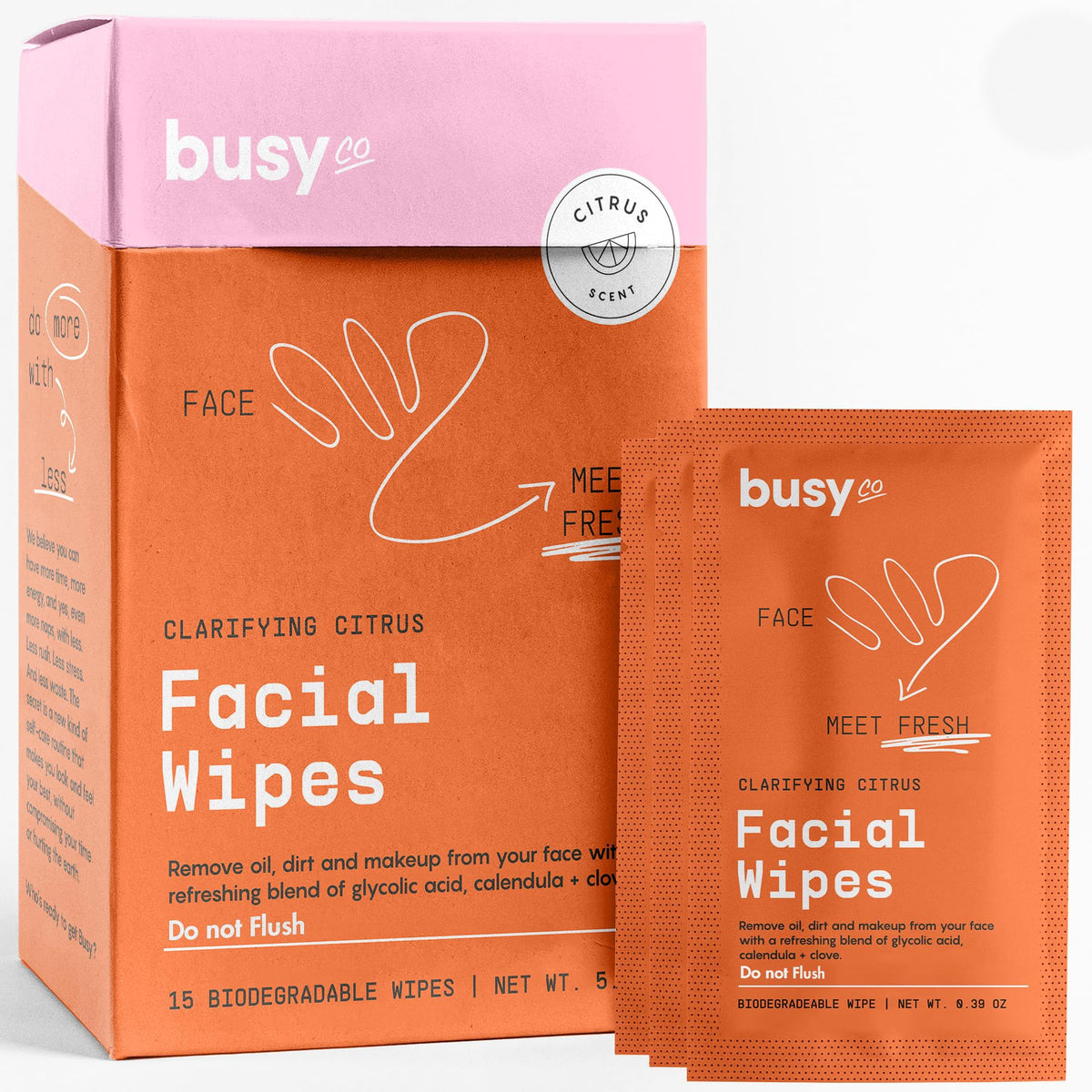 BUSYCO front packaging showing single wrapped citrus wipes and convenience