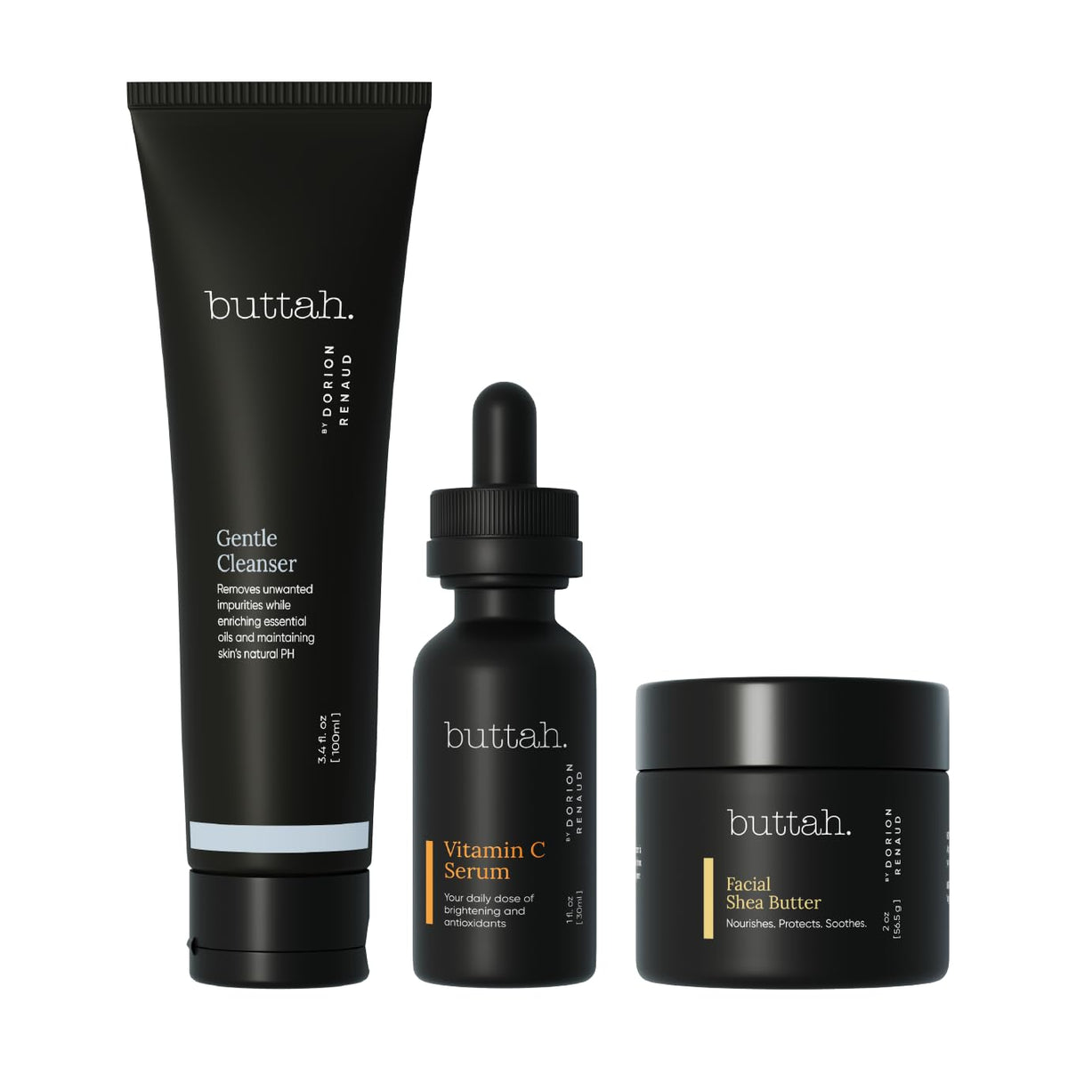 buttah. front packaging of 3pc kit showing contents and benefit of complete routine