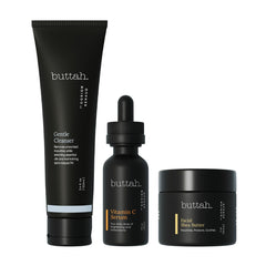 buttah. front packaging of 3pc kit showing contents and benefit of complete routine