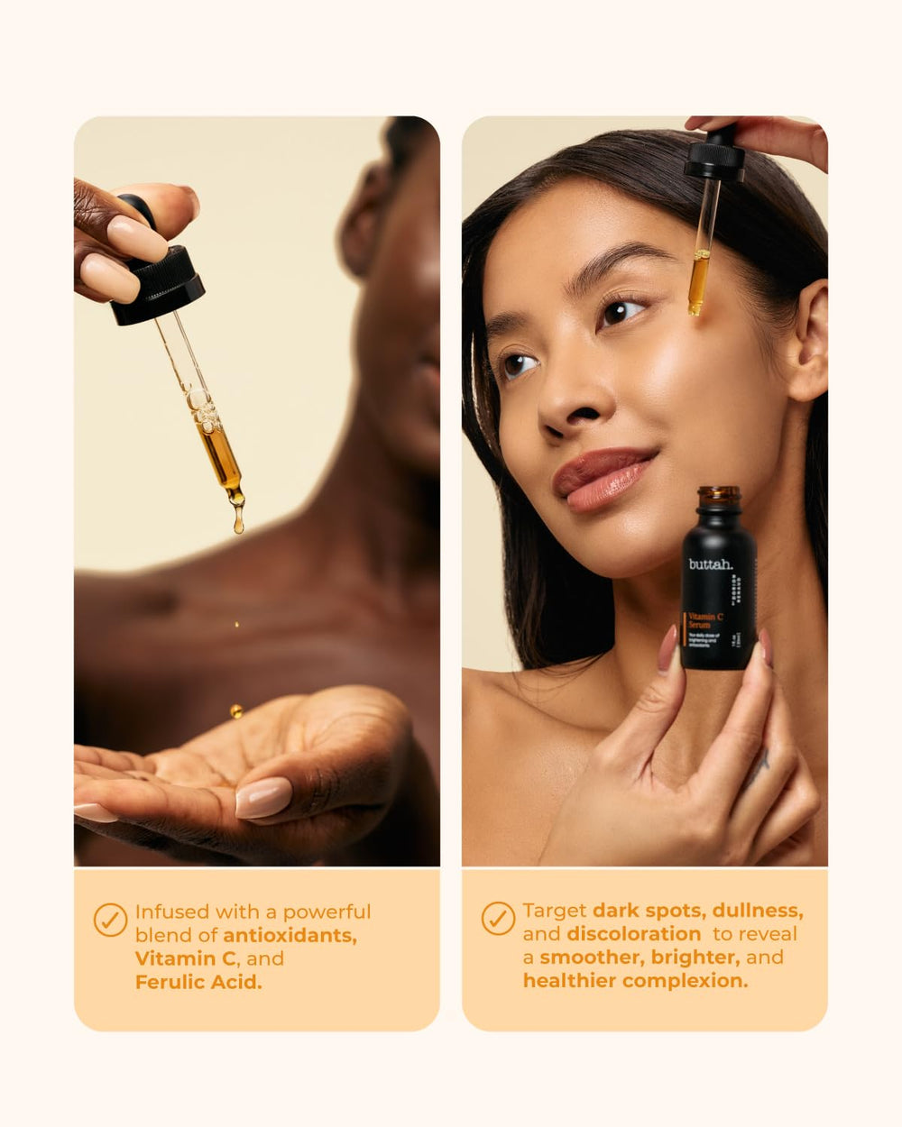 buttah. dropper dispensing a clear vitamin C serum for controlled application